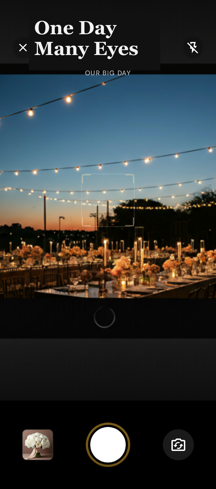 A wedding capture screen with an evening reception behind the camera frame
